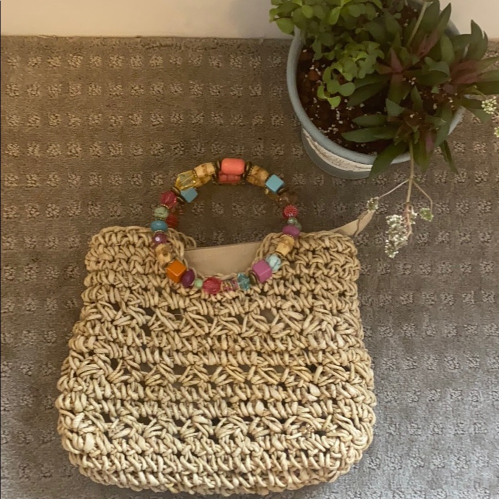 Straw purse with bejeweled handles